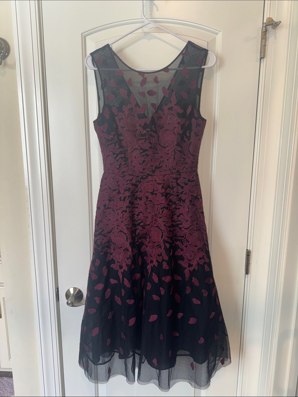 BCBGMaxAzria Black Midi Dress with Burgundy Floral Embroidery